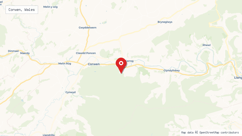 Street map of Corwen, Wales with location pin