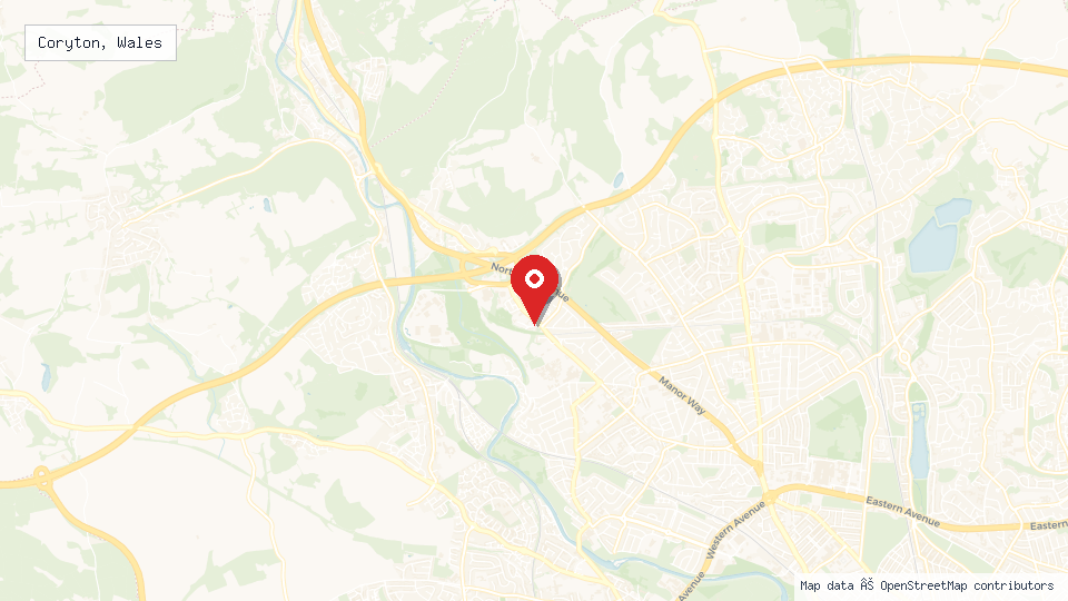 Street map of Coryton, Wales with location pin