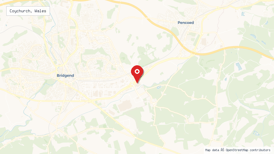 Street map of Coychurch, Wales with location pin
