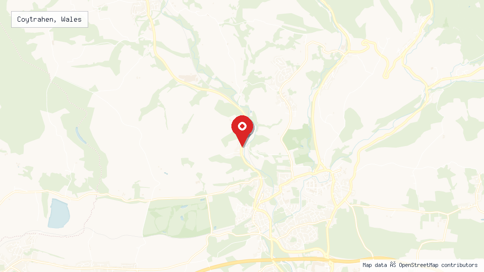 Street map of Coytrahen, Wales with location pin