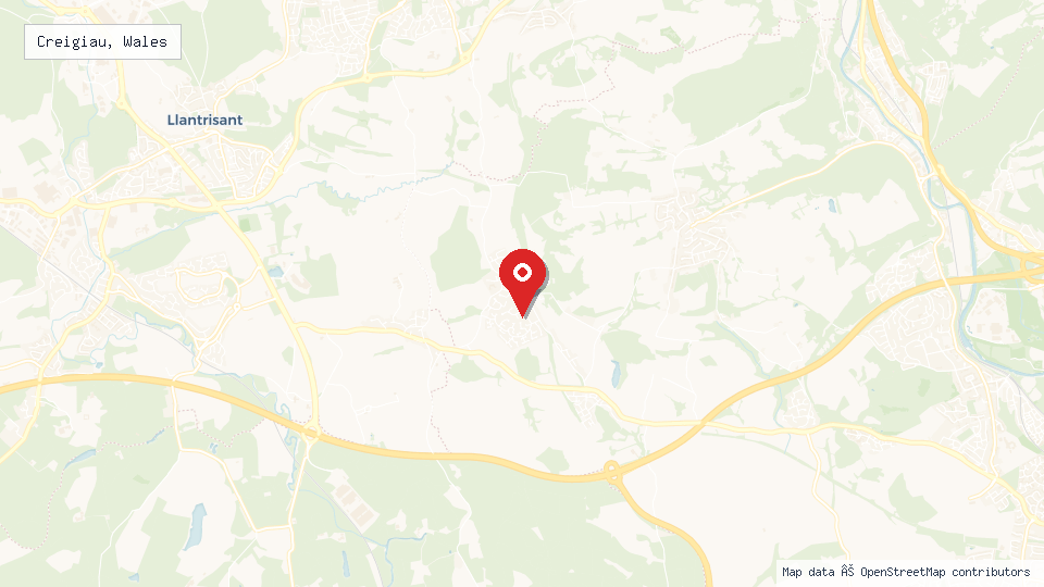 Street map of Creigiau, Wales with location pin