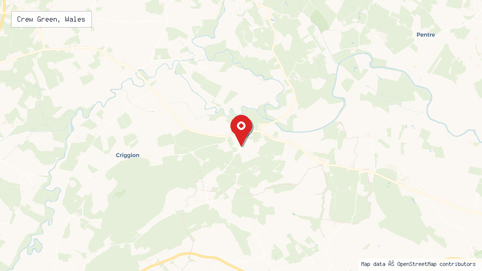 Street map of Crew Green, Wales with location pin