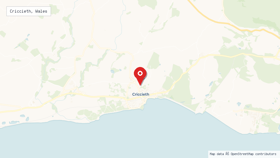 Street map of Criccieth, Wales with location pin