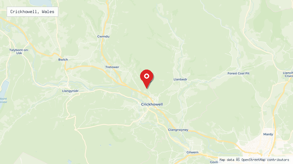 Street map of Crickhowell, Wales with location pin