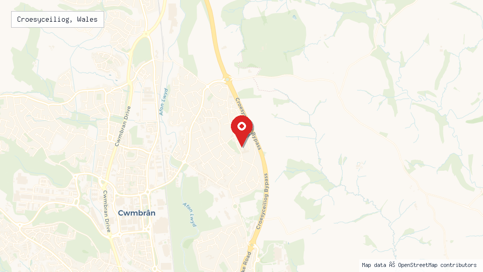 Street map of Croesyceiliog, Wales with location pin