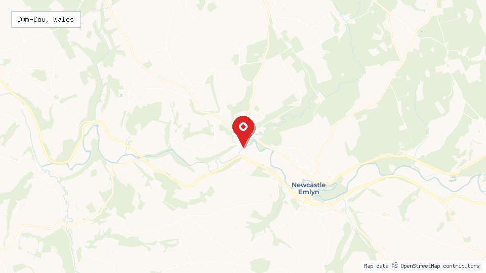 Street map of Cwm-Cou, Wales with location pin
