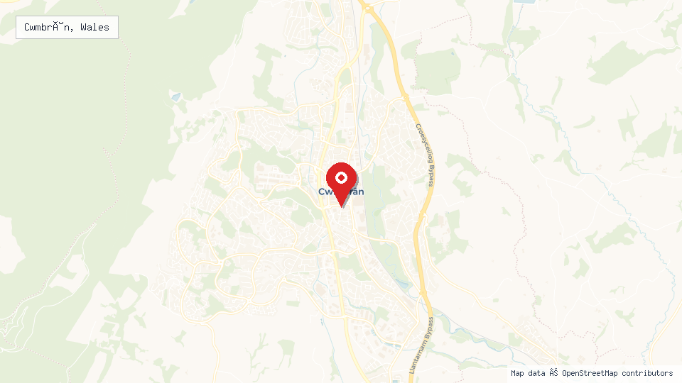 Street map of Cwmbrân, Wales with location pin