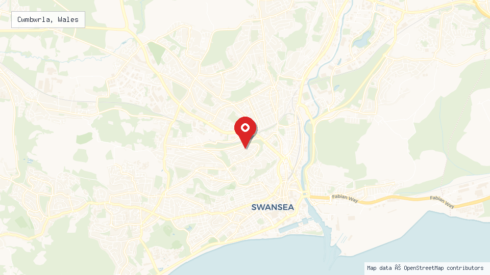 Street map of Cwmbwrla, Wales with location pin