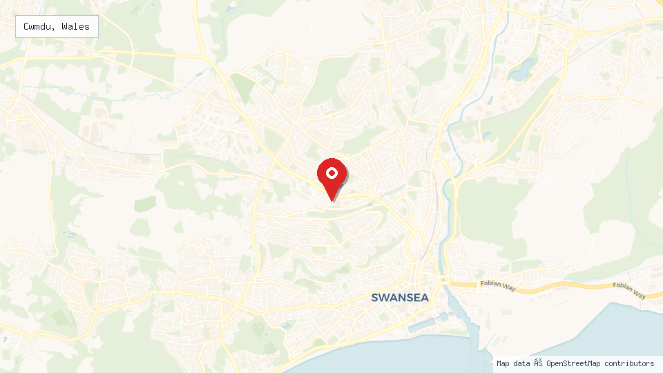 Street map of Cwmdu, Wales with location pin