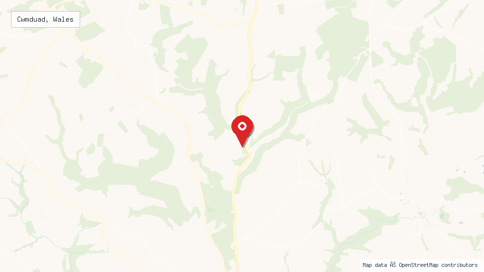 Street map of Cwmduad, Wales with location pin