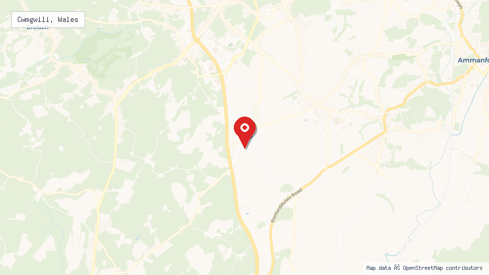 Street map of Cwmgwili, Wales with location pin