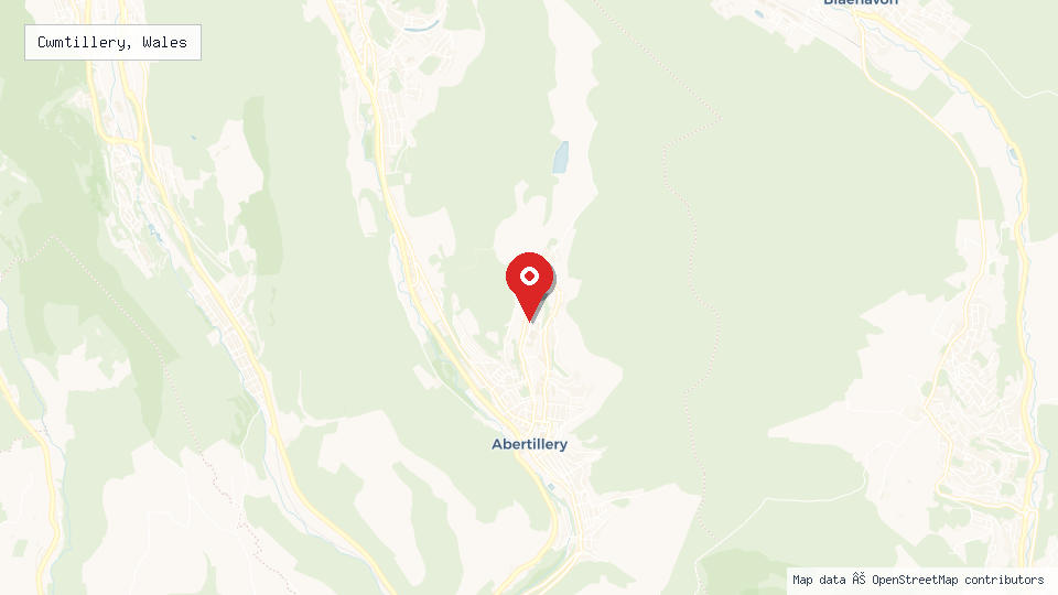 Street map of Cwmtillery, Wales with location pin