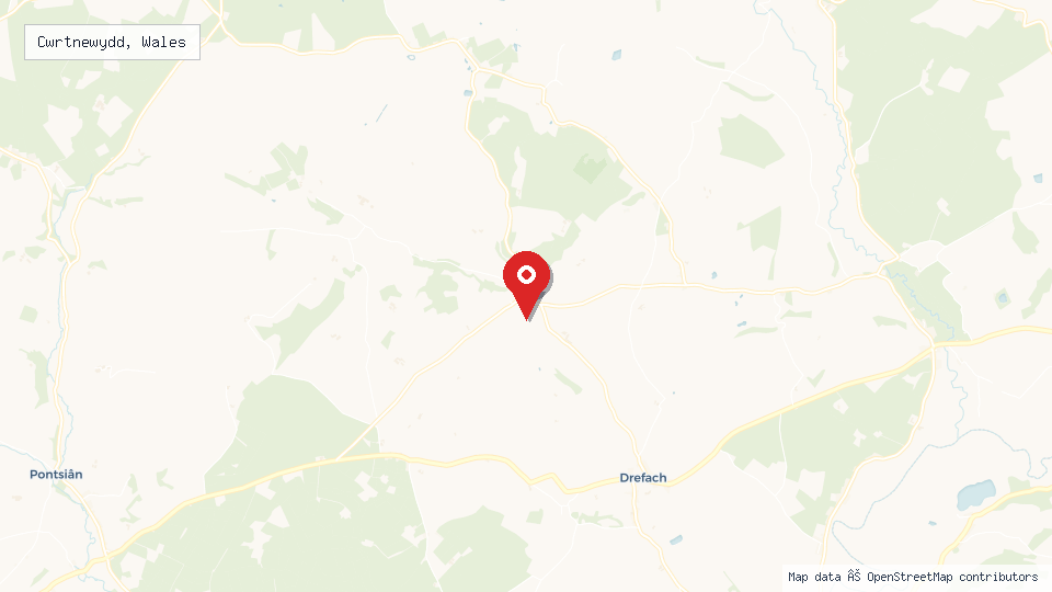 Street map of Cwrtnewydd, Wales with location pin