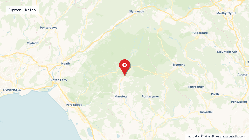 Street map of Cymmer, Wales with location pin