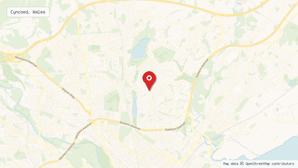 Street map of Cyncoed, Wales with location pin
