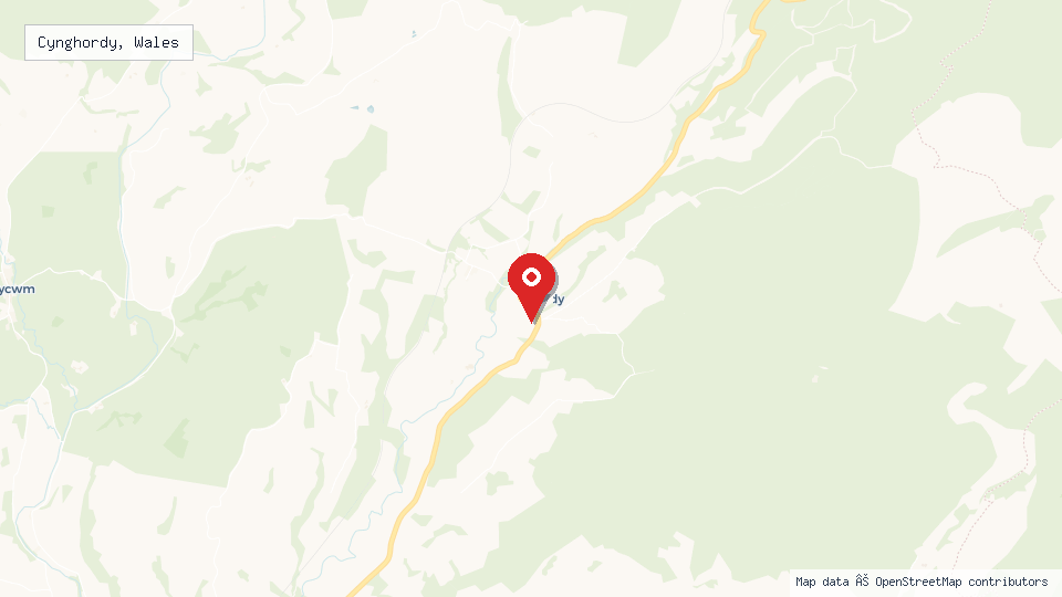 Street map of Cynghordy, Wales with location pin