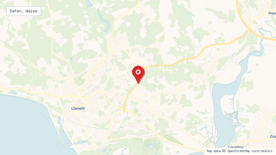 Street map of Dafen, Wales with location pin