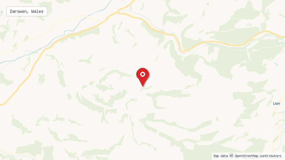Street map of Darowen, Wales with location pin