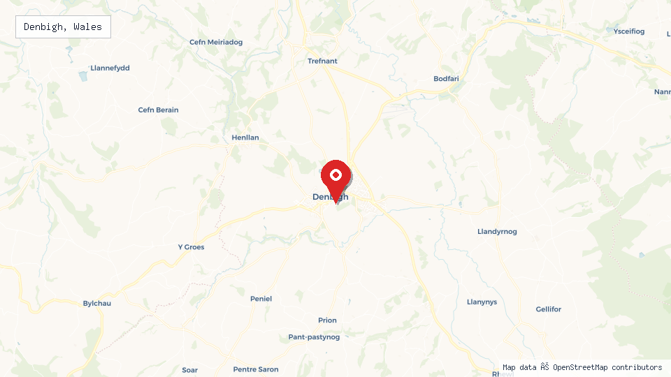 Street map of Denbigh, Wales with location pin