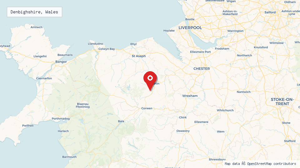 Street map of Denbighshire, Wales with location pin
