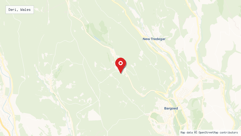 Street map of Deri, Wales with location pin