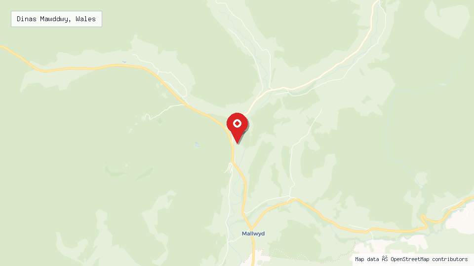 Street map of Dinas Mawddwy, Wales with location pin