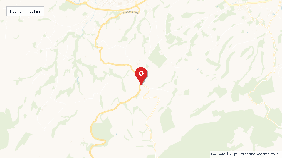 Street map of Dolfor, Wales with location pin