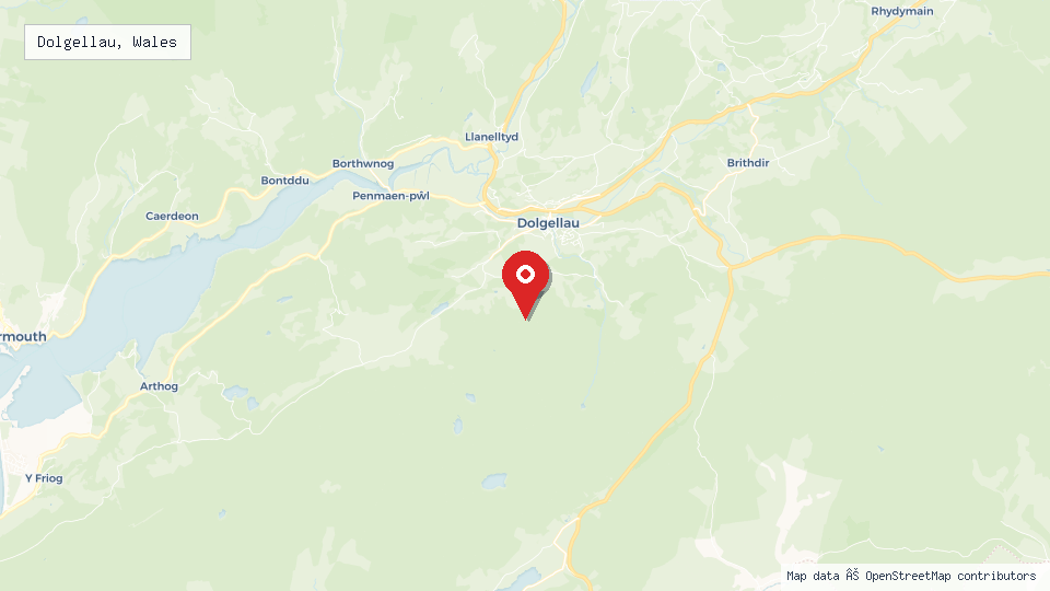 Street map of Dolgellau, Wales with location pin