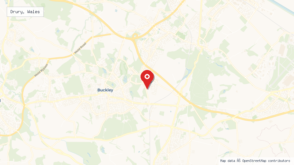 Street map of Drury, Wales with location pin