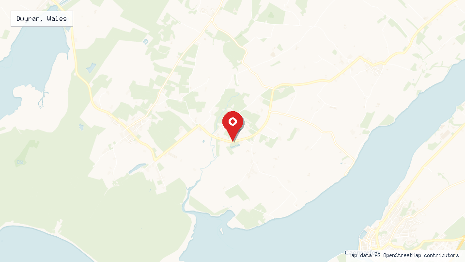 Street map of Dwyran, Wales with location pin