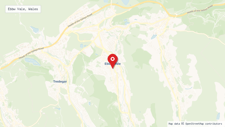Street map of Ebbw Vale, Wales with location pin