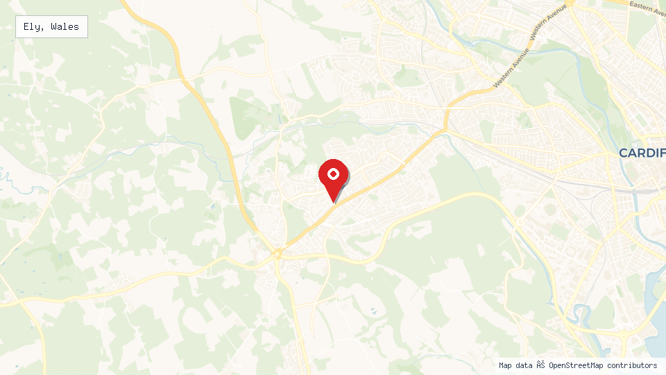 Street map of Ely, Wales with location pin