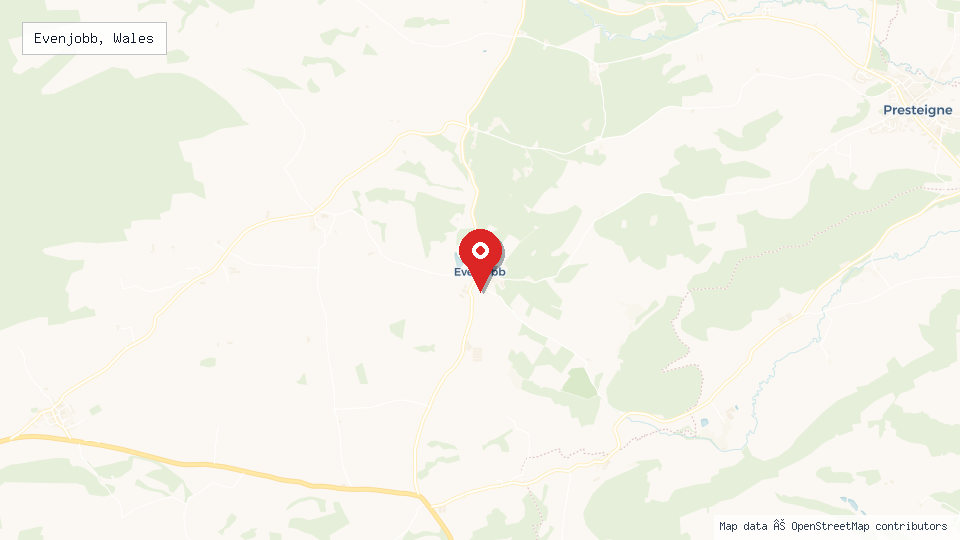 Street map of Evenjobb, Wales with location pin