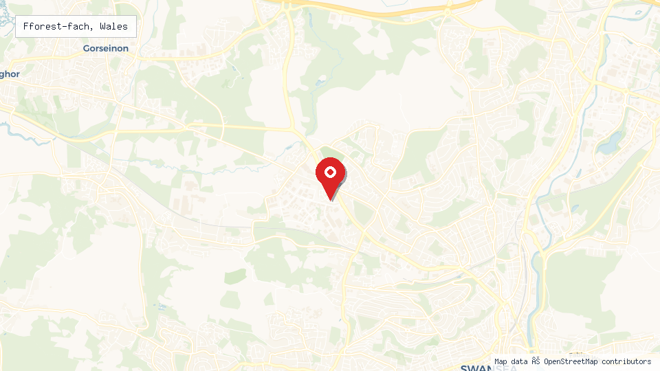 Street map of Fforest-fach, Wales with location pin