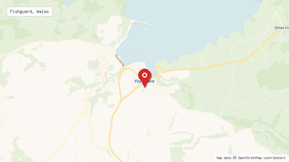 Street map of Fishguard, Wales with location pin