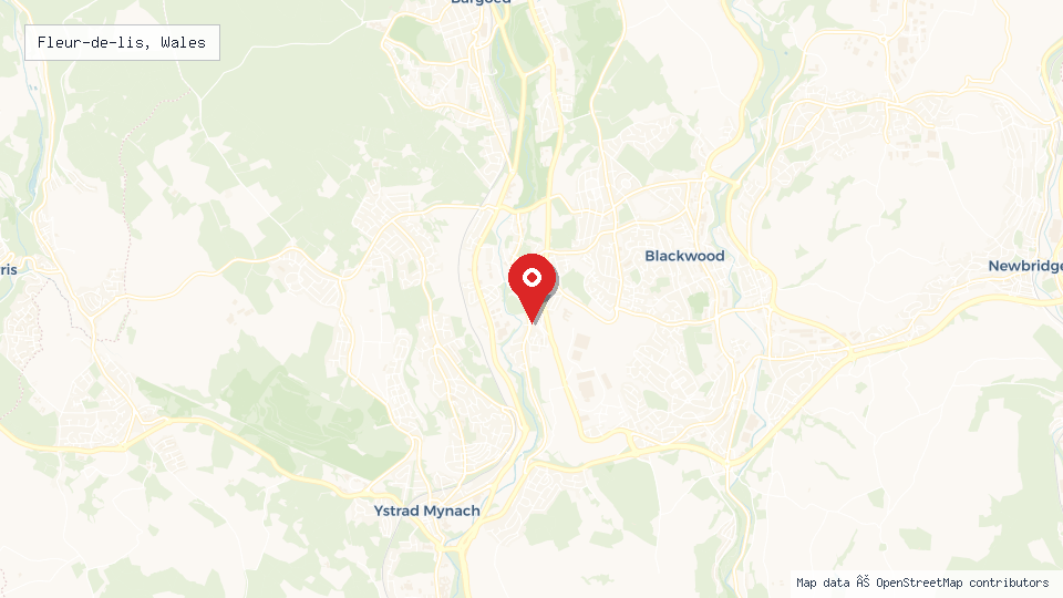Street map of Fleur-de-lis, Wales with location pin