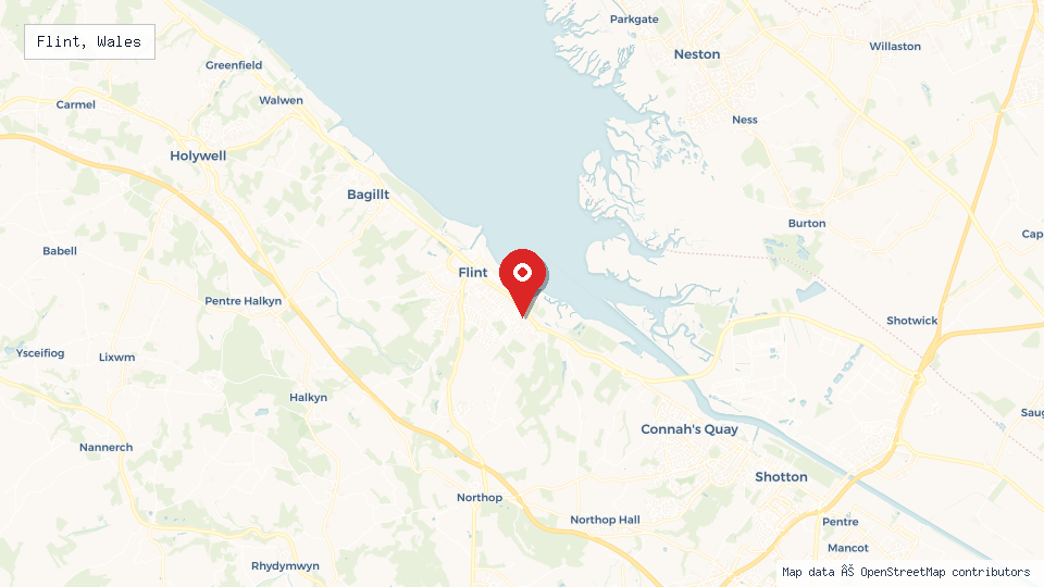 Street map of Flint, Wales with location pin