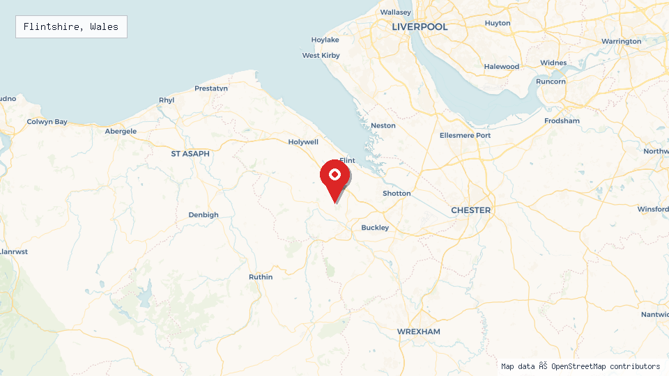 Street map of Flintshire, Wales with location pin