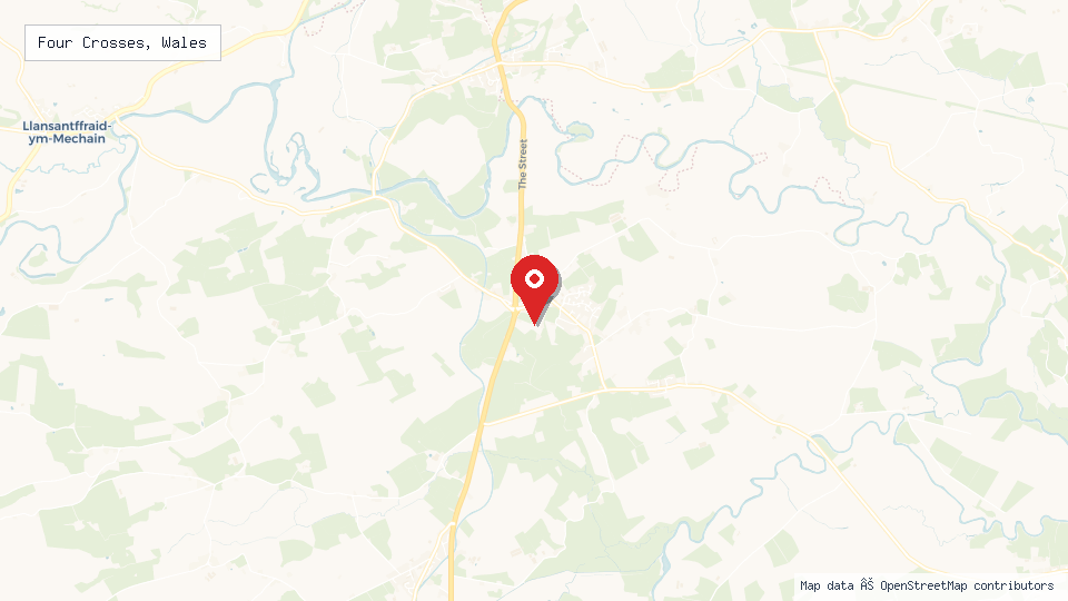 Street map of Four Crosses, Wales with location pin