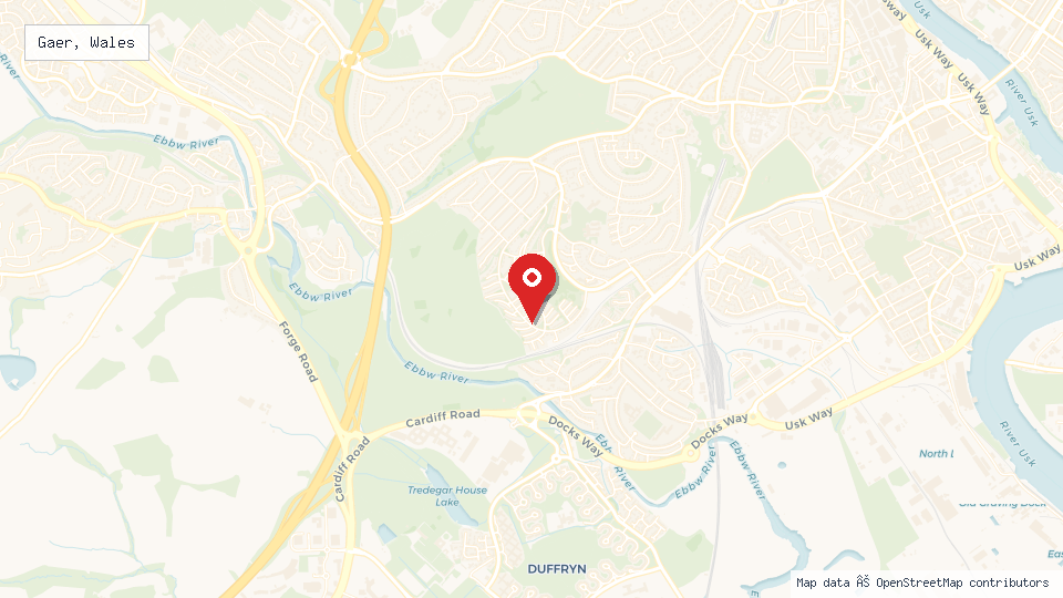 Street map of Gaer, Wales with location pin
