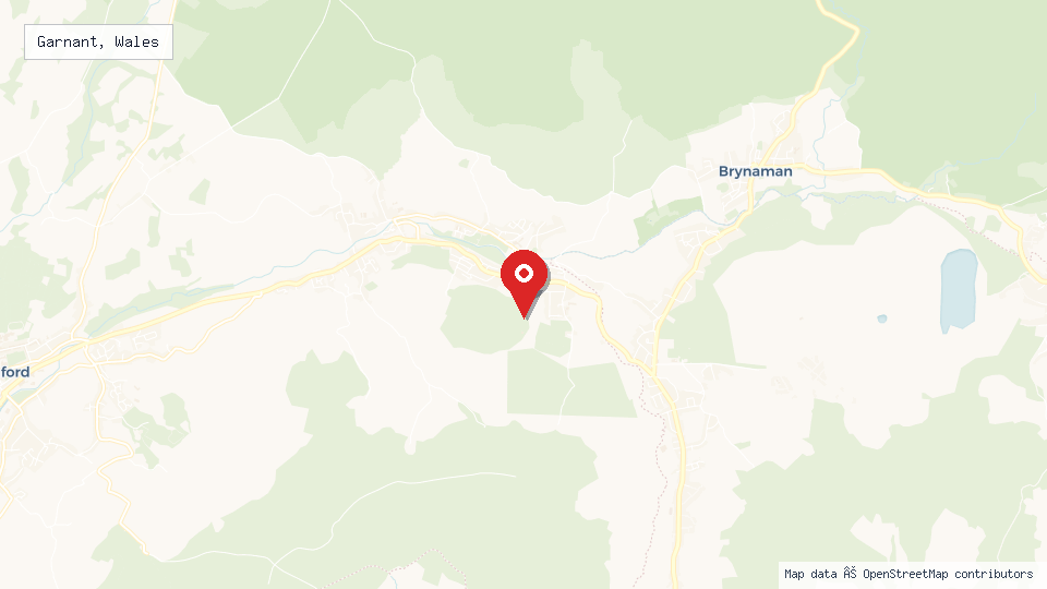 Street map of Garnant, Wales with location pin