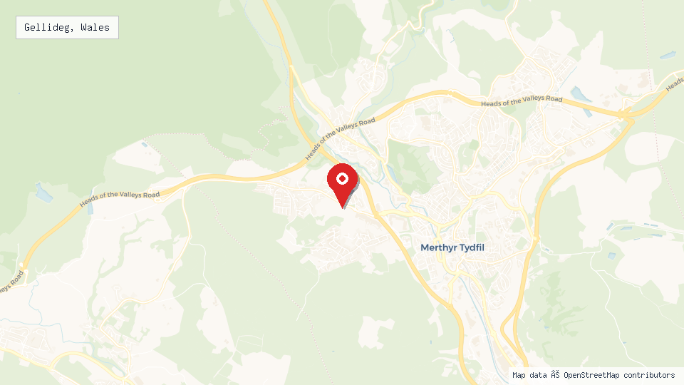 Street map of Gellideg, Wales with location pin