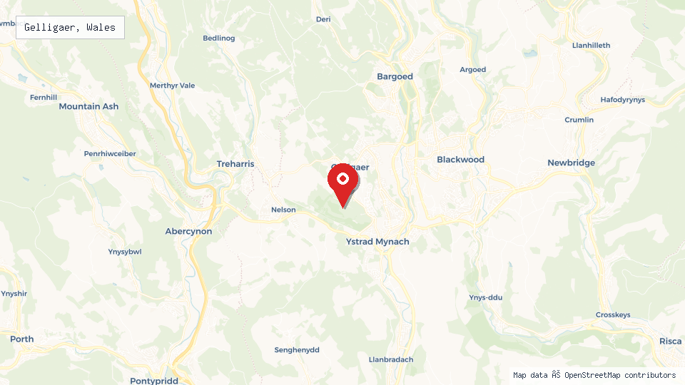Street map of Gelligaer, Wales with location pin