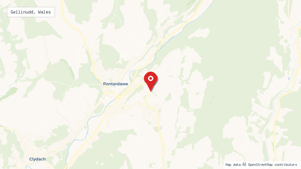 Street map of Gellinudd, Wales with location pin