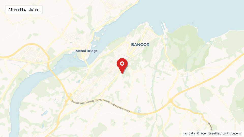 Street map of Glanadda, Wales with location pin