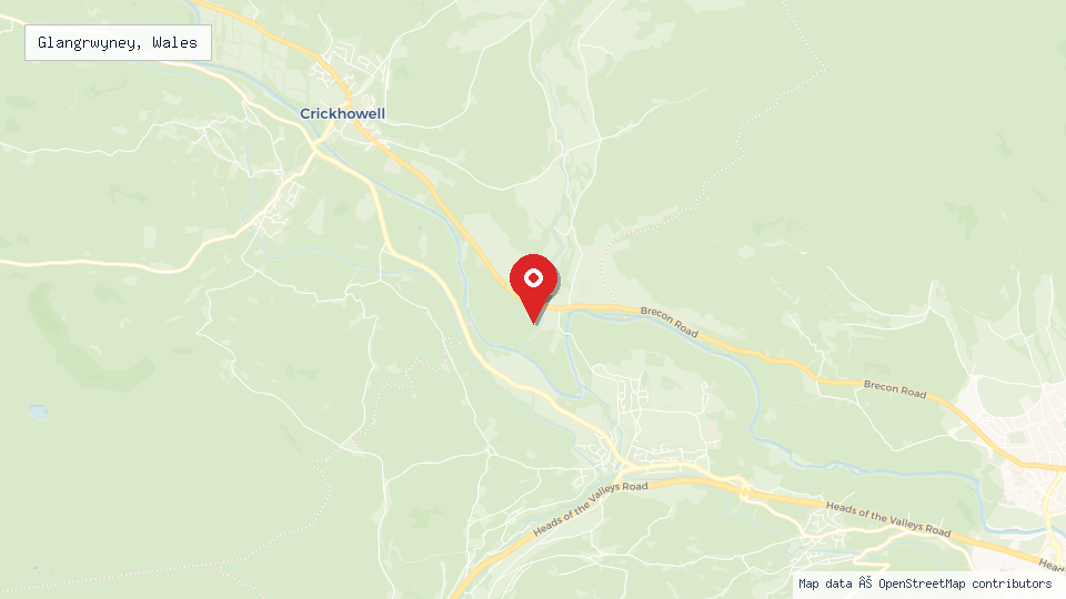 Street map of Glangrwyney, Wales with location pin