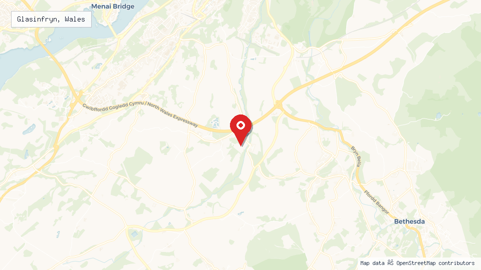 Street map of Glasinfryn, Wales with location pin
