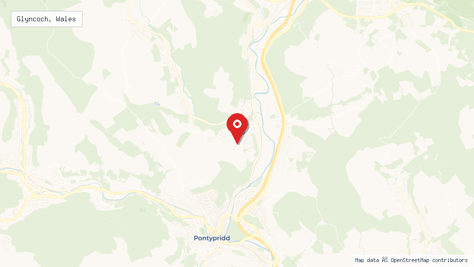 Street map of Glyncoch, Wales with location pin