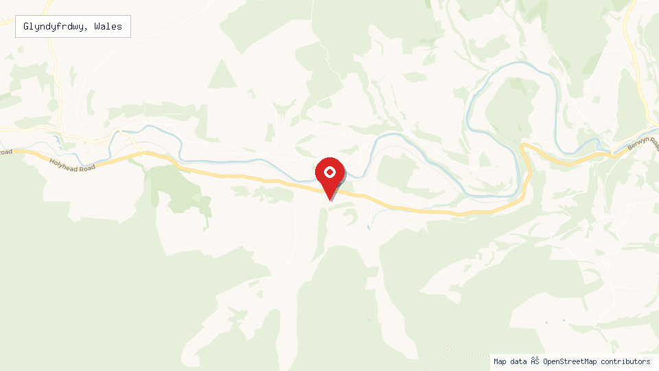 Street map of Glyndyfrdwy, Wales with location pin
