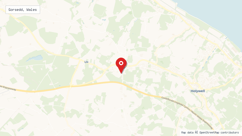 Street map of Gorsedd, Wales with location pin